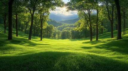 Lush green valley surrounded by trees under a bright sky in a tranquil setting at midday in the countryside