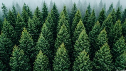 Obraz premium Lush evergreen forest with dense conifer trees shrouded in mist during early morning light in a tranquil natural setting