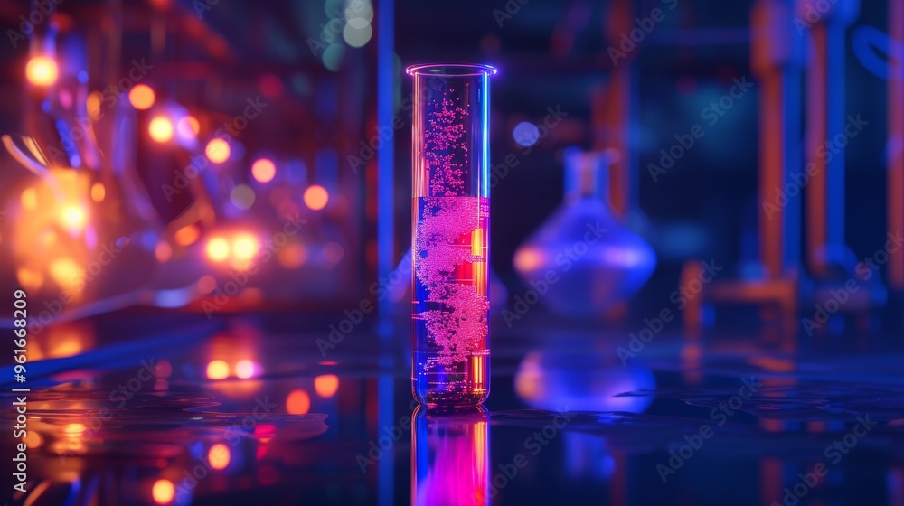 Poster a test tube filled with liquid and floating crystals is illuminated in a futuristic laboratory, high