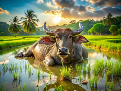 A majestic carabao lies still in a lush rice paddy, basking in the warm sunlight that pours down