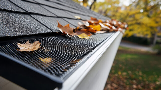 A close-up of a rain gutter shows a screen to stop leaves, but some leaves are still there. This image reminds us of home maintenance, yard work, and how damage to the roof can happen.