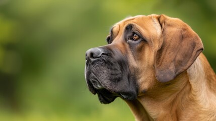 Obraz premium A tight shot of a dog's expression, surrounded by a softly blurred backdrop of trees and grass