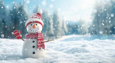 A cute snowman standing in the middle of white snow, wearing a red and white scarf with a hat on his head waving his hand to say hello.