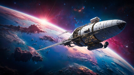 Obraz premium A spaceship surrounded by swirling galaxies and shimmering stars