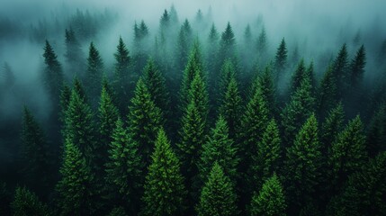 Fototapeta premium Lush evergreen forest shrouded in mist during early morning hours in a tranquil natural setting
