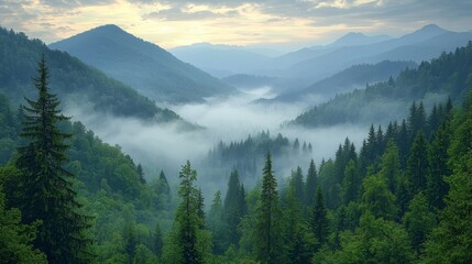Fototapeta premium A serene morning in the mountains showcases a misty valley surrounded by tall trees under a soft blue sky