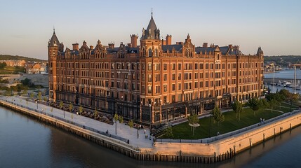 Fototapeta premium Historic brick building by the water during golden hour, showcasing architectural beauty.