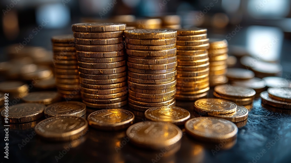 Poster a close-up view of stacked coins arranged neatly on a dark surface, highlighting wealth and investme