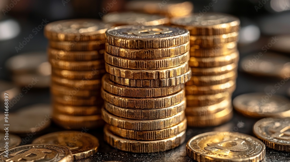 Poster stack of shiny gold coins resembling cryptocurrency, displayed on a dark surface in a modern workspa