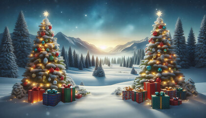 Obraz premium A winter landscape featuring two decorated evergreen trees adorned with ornaments and twinkling lights positioned on either side of a snowy scene