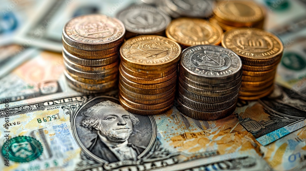 Poster stacks of coins and dollar bills arranged neatly on a table, highlighting the concept of wealth and 