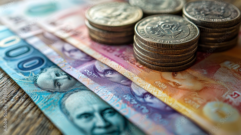 Poster close-up view of assorted banknotes and coins arranged thoughtfully on a wooden surface capturing co