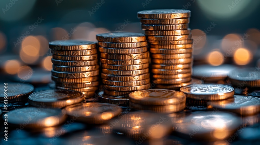 Poster stacks of shiny coins illuminated by soft light on a dark surface, capturing the essence of currency