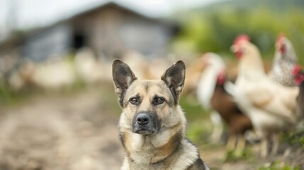 A dog gazes at the camera, surrounded by chickens in the foreground, with a barn visible in the background