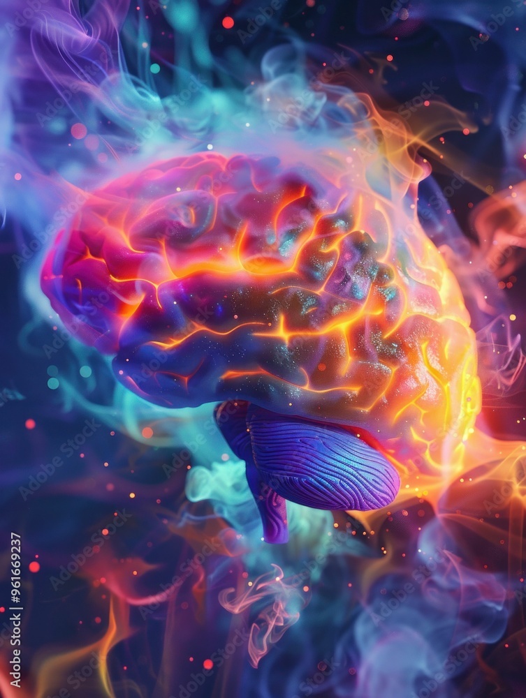 Poster abstract colorful brain with swirling smoke effects on a dark background vivid light and vibrant col