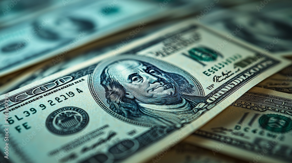 Poster close-up view of several hundred dollar bills spread out on a flat surface showcasing intricate desi