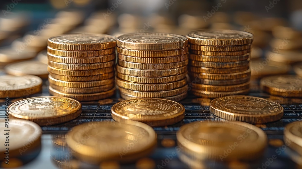 Poster stacked coins arranged neatly on a reflective surface depicting wealth accumulation in an indoor set
