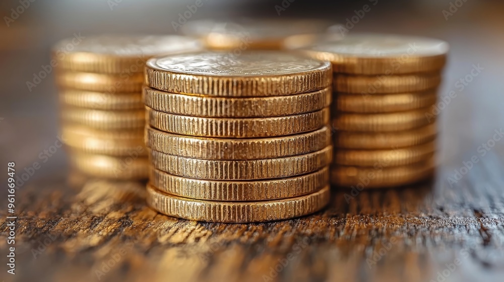 Poster stacks of golden coins arranged on a wooden table illuminated by soft light, creating a warm and inv