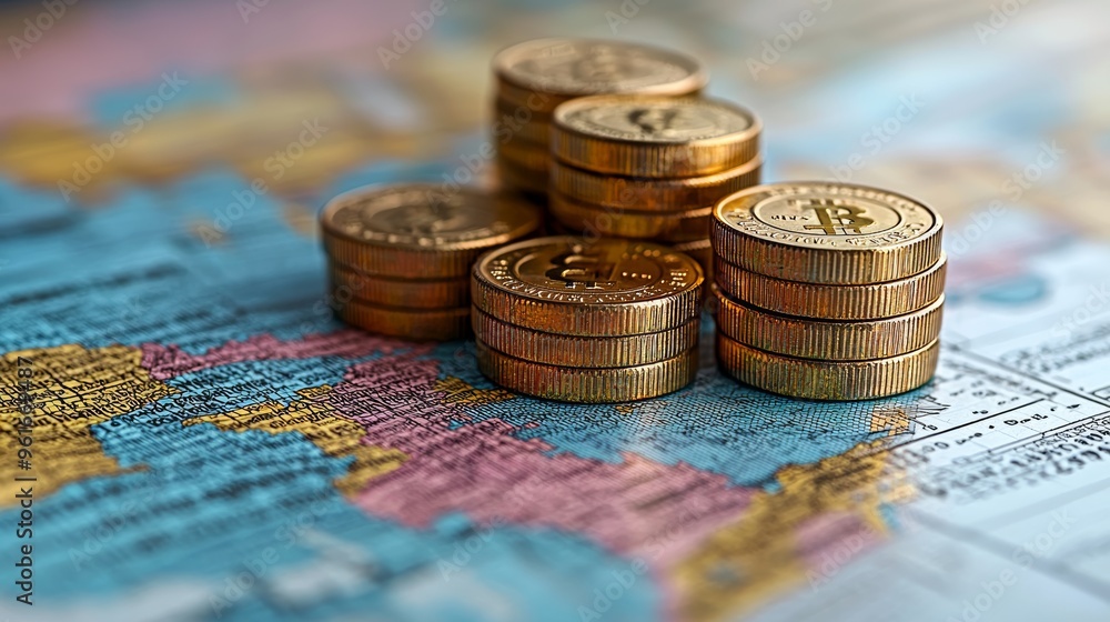 Poster stacks of bitcoin coins arranged on a colorful world map highlighting global cryptocurrency trends