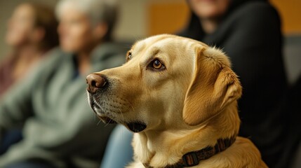 A close-up of a Labrador dog sitting calmly among blurred people in a waiting area.