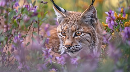 Fototapeta premium A tight shot of a cat among purple flowers in the foreground and yellow blooms in the background