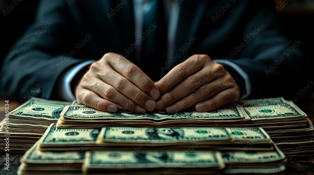 Poster businessman counting stacks of cash on a table in an office setting during evening hours