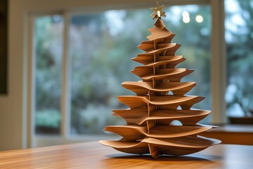 Modern wooden christmas tree standing on a table indoors, with a blurred background