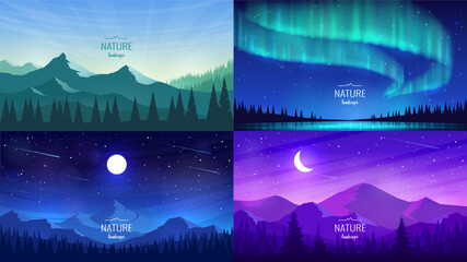 Set of vector night landscapes. The moon in the dark sky above the mountain ranges, sunrise, silhouettes of fir trees, aurora borealis. Design for background, travel banners, business cards, flyers. © i_mARTy