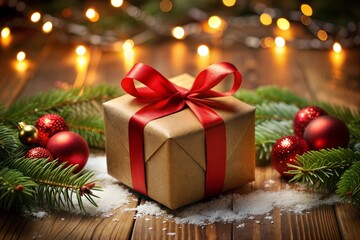 Festive christmas gift box with red bow and ornaments on wooden surface