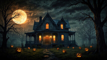 Eerie atmospheric scene of a hounted house. Halloween theme.
