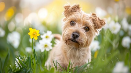  A tight shot of a dog in a lush grass and flower field, with a yellow bloom in the foreground