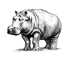 Obraz premium Hippo in engraved sketch style isolated on white background