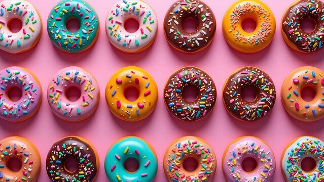 Sprinkled Donut Delight - 18 Colorful Treats, A mouthwatering display of 18 assorted donuts arranged in a 3x6 grid on a pink background. Featuring vibrant colors, sprinkles, and various flavors.