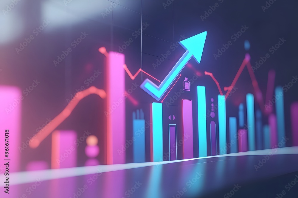 Poster abstract 3d neon bar graph with upward arrow