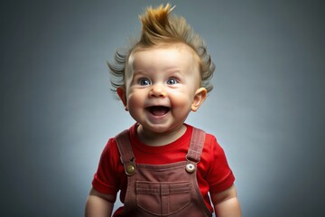 A mischievous infant in red overalls and spiky hair proudly displays a defiant stance, flaunting an impish grin