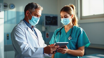 Collaborative Patient Care - Doctors Reviewing Medical Records, Two medical professionals, a doctor in a white coat and a nurse in blue scrubs, collaborate by examining a tablet device.