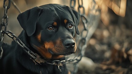 Fototapeta premium A close-up of a Rottweiler with a chain, showcasing its expressive eyes and thoughtful demeanor.
