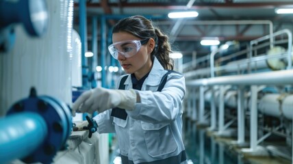 A scientist in a lab coat and gloves performs a water treatment plant