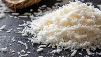 A close-up picture of shredded coconut on a dark surface.