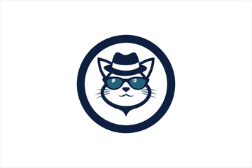  Logo in a circle with a cat in a hat and glasses. vector art illustration