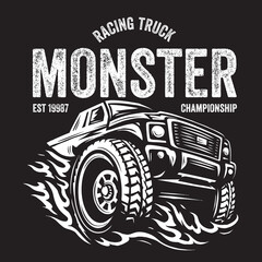Vintage illustration of monster truck with fire