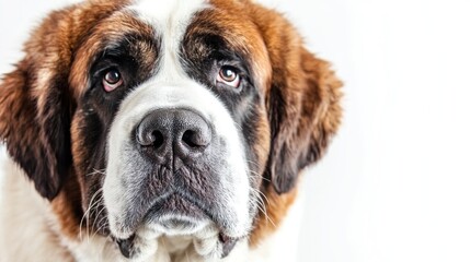 Obraz premium A close-up of a Saint Bernard dog with a gentle expression against a white background.