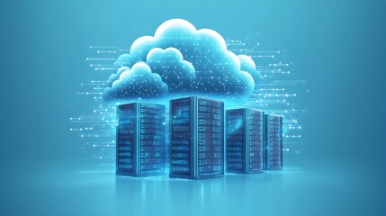 Cloud computing infrastructure with interconnected servers and data centers in the cloud, ultra-sharp focus, solid blue background