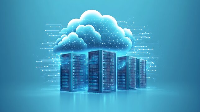 Cloud computing infrastructure with interconnected servers and data centers in the cloud, ultra-sharp focus, solid blue background