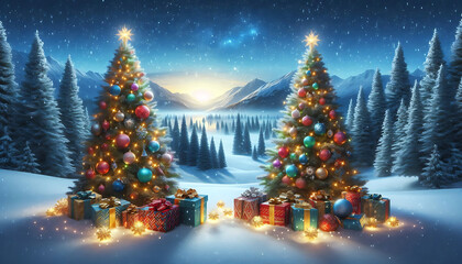 Obraz premium A winter landscape featuring two decorated evergreen trees adorned with ornaments and twinkling lights positioned on either side of a snowy scene
