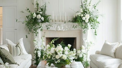 White fireplace adorned with green and white bouquets and salt candles in white living room.