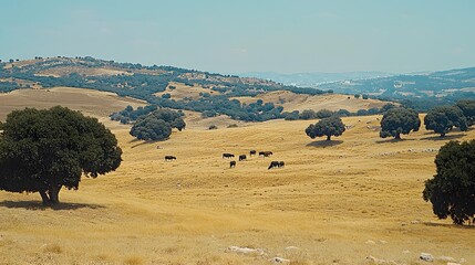 Obraz premium Idyllic countryside with grazing black cows among golden fields and green oak trees.