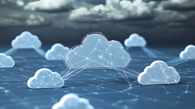 Abstract representation of cloud computing architecture with multiple connected clouds, ultra-sharp focus, solid blue-grey background