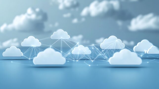 Abstract representation of cloud computing architecture with multiple connected clouds, ultra-sharp focus, solid blue-grey background