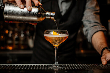 Expertly Crafted: A Bartender's Precision Pour of a Golden Cocktail